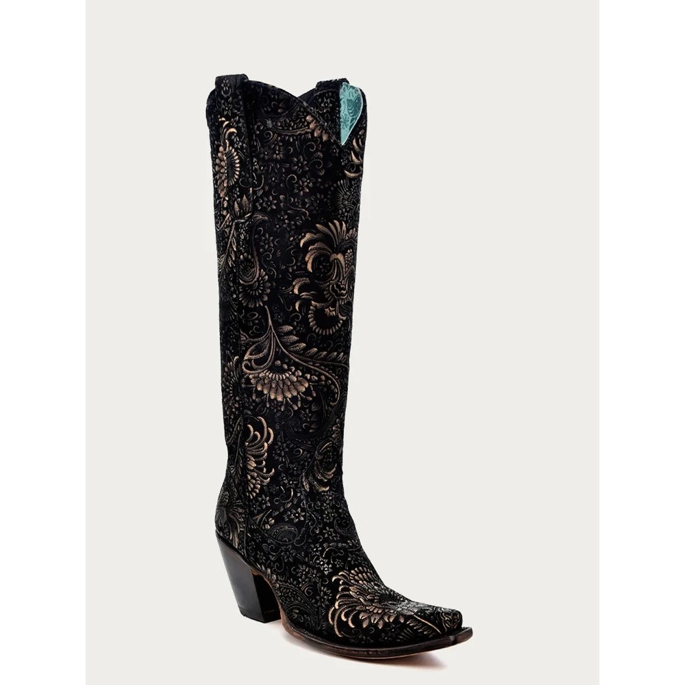 Corral® (Women's 11 M) Gold Stamped Floral Suede 16" Tall Cowboy Boot - $250